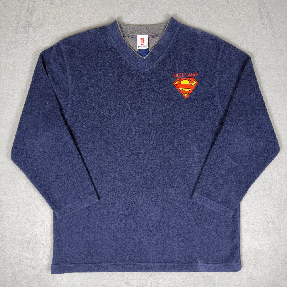 Vintage 2000 Six Flags‎ Superman Embroidered Fleece V-Neck Pullover Navy Mens M